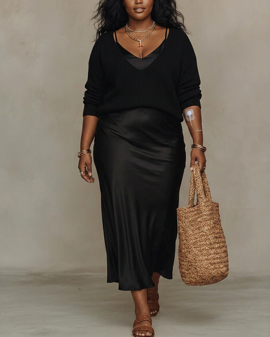 Alessia – Elegant Satin Midi Dress - Plus size model