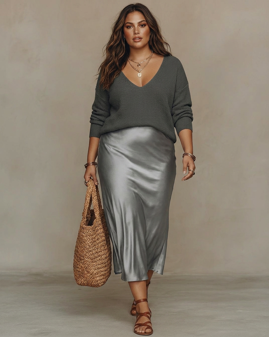 Alessia – Elegant Satin Midi Dress - Plus size model