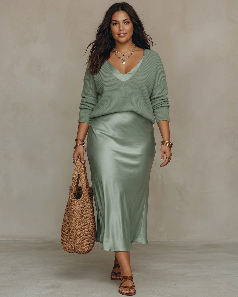 Alessia – Elegant Satin Midi Dress - Plus size model