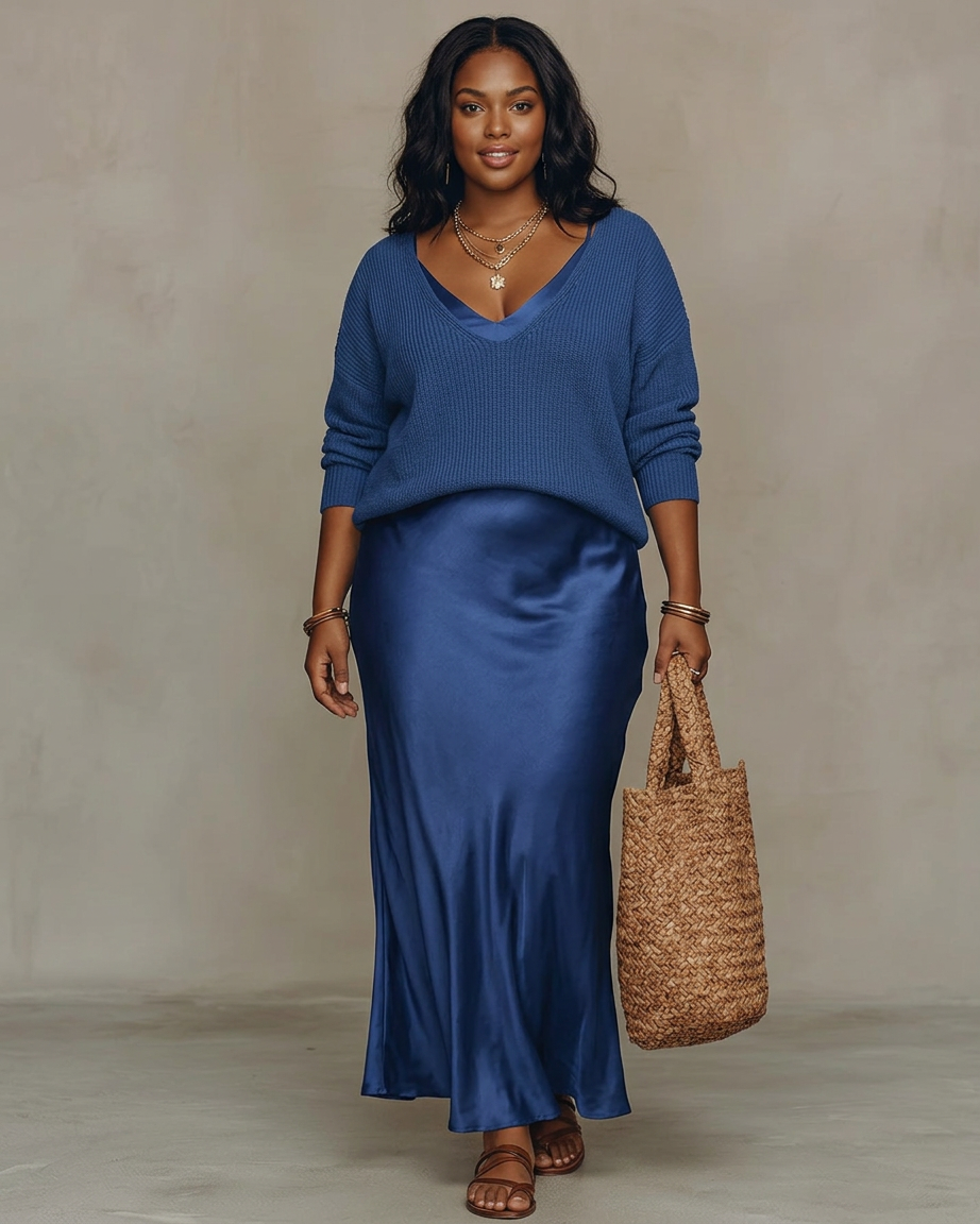 Alessia – Elegant Satin Midi Dress - Plus size model
