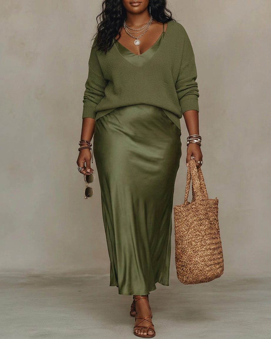 Alessia – Elegant Satin Midi Dress - Plus size model