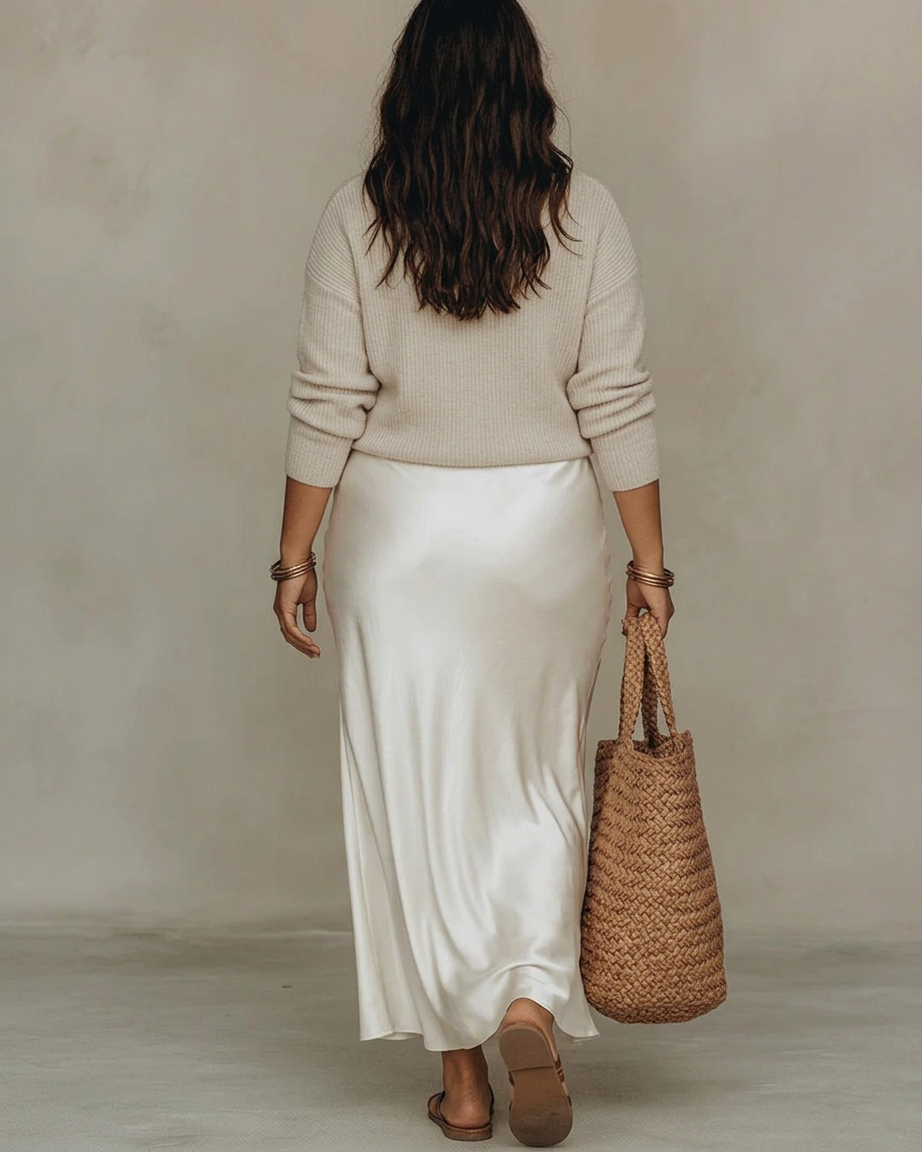 Alessia – Elegant Satin Midi Dress - Plus size model