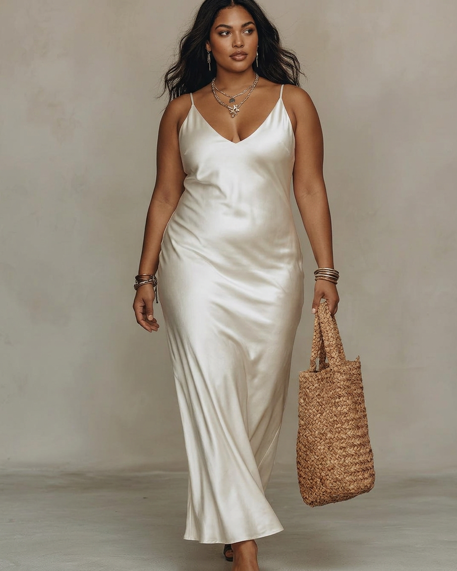 Alessia – Elegant Satin Midi Dress - Plus size model