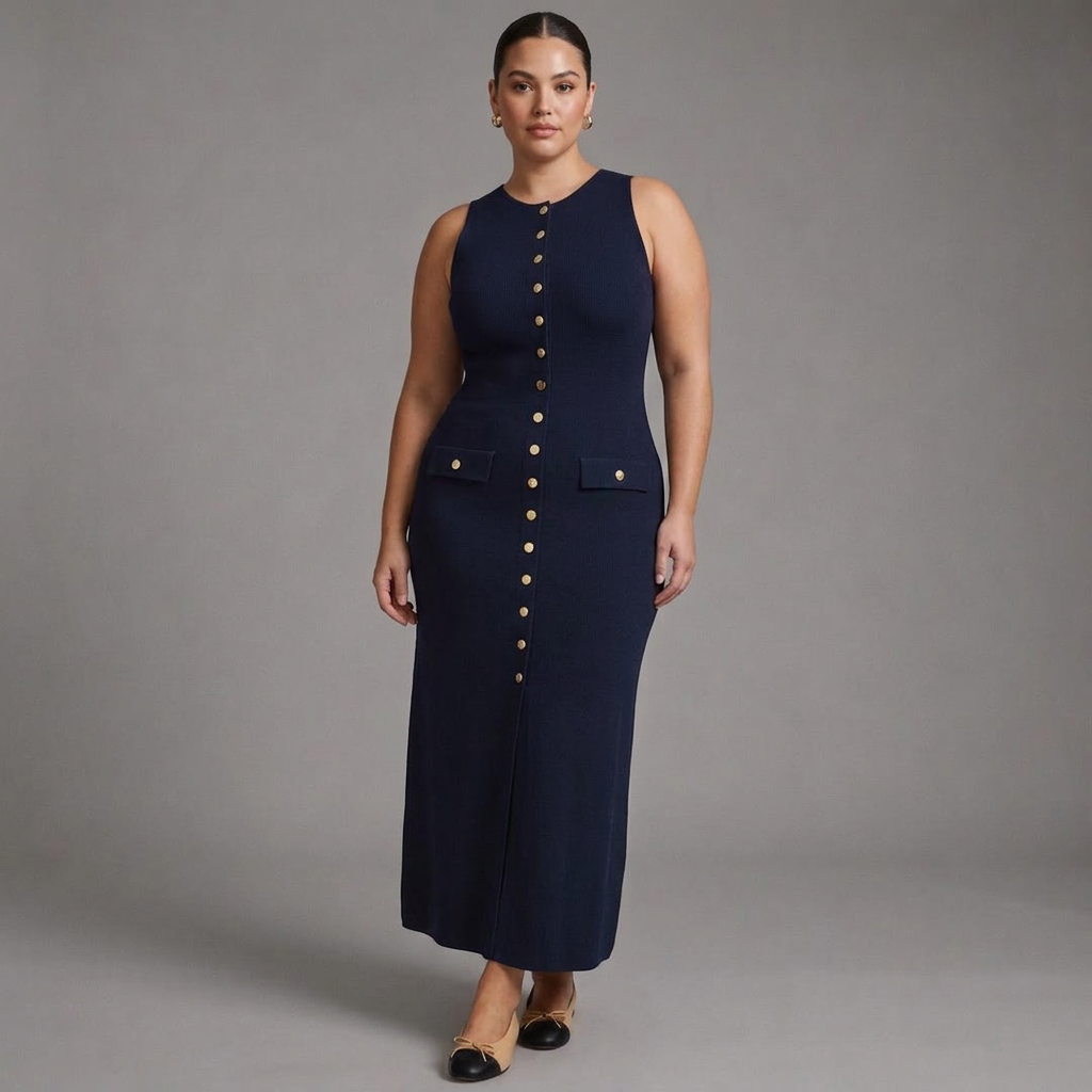 Bianca – Elegant Sleeveless Button-Up Bodycon Knit Maxi Dress - Plus size model