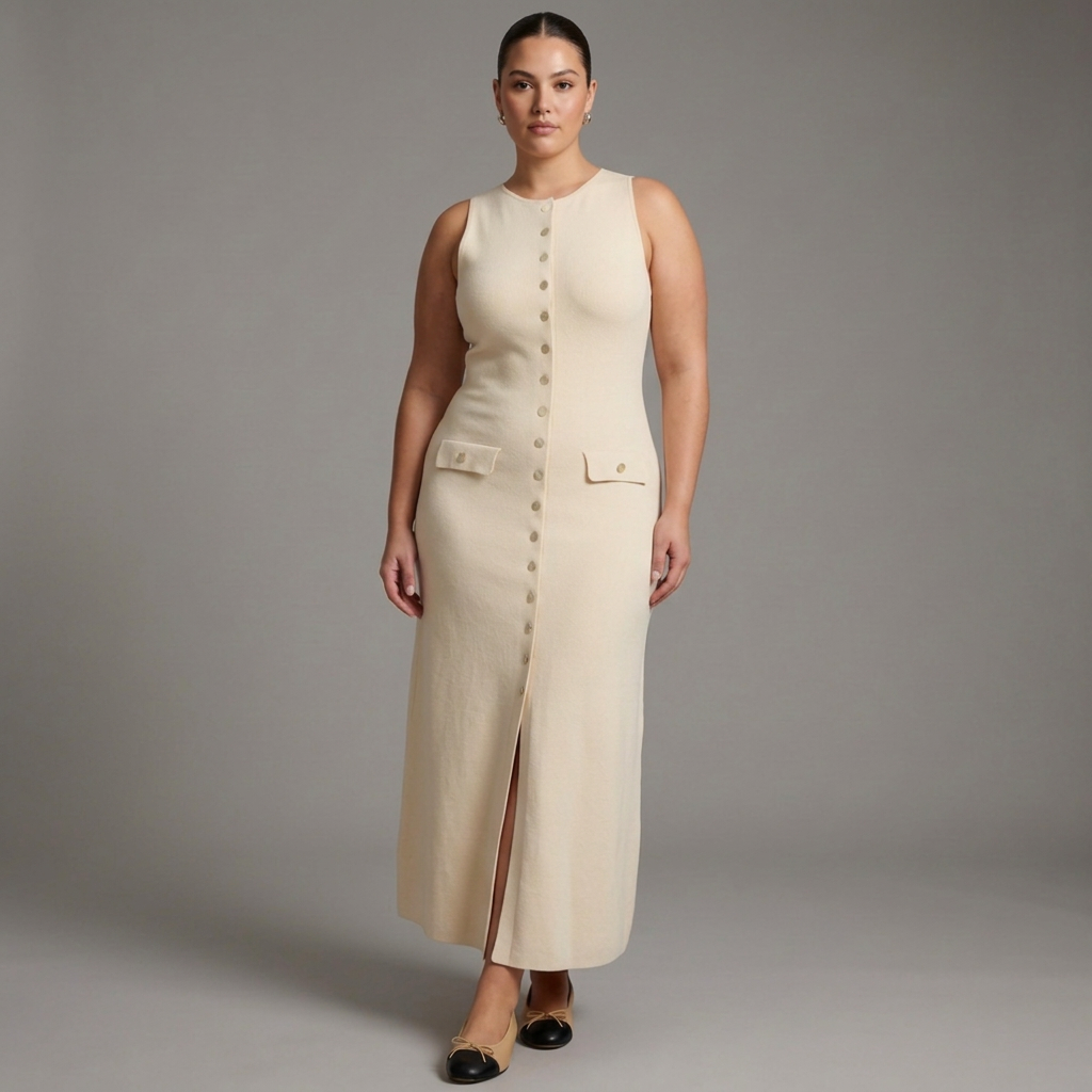 Bianca – Elegant Sleeveless Button-Up Bodycon Knit Maxi Dress - Plus size model