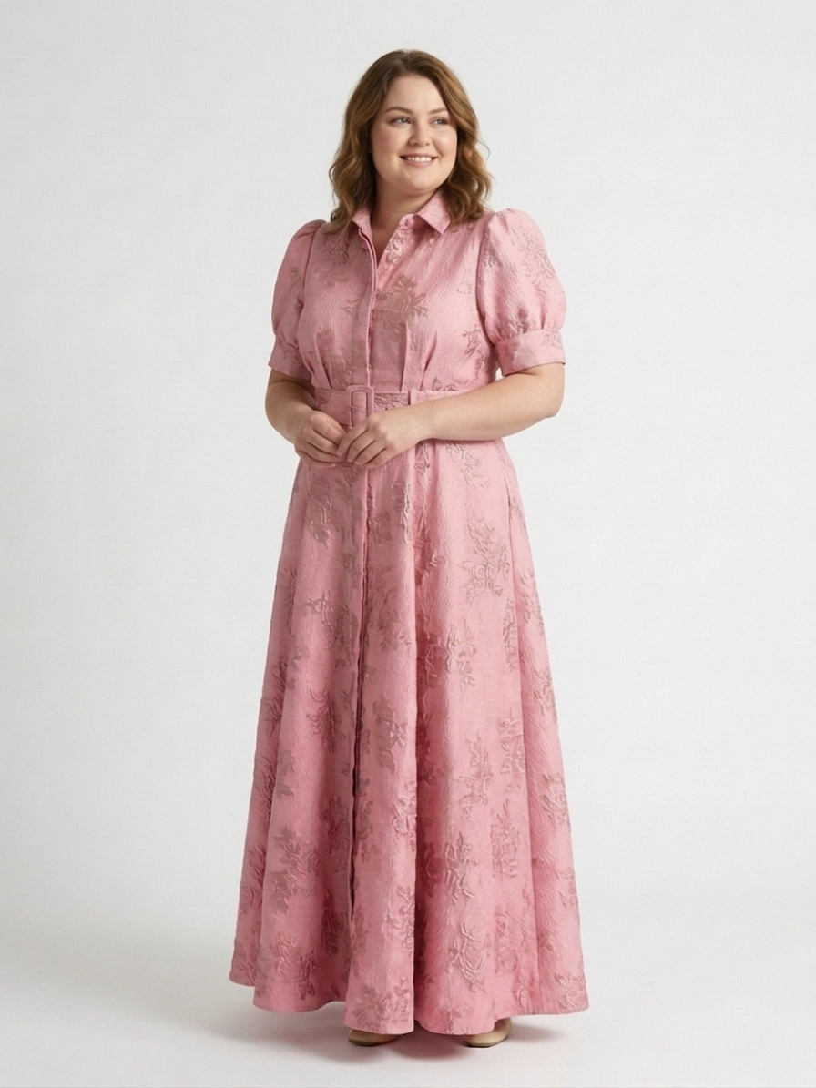 Xanthea | Short Sleeve Belted Floral Textured Maxi Shirt Dress - Plus size model