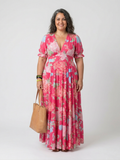 Ione | Short Sleeve V Neck Floral Midi Dress - Plus size model