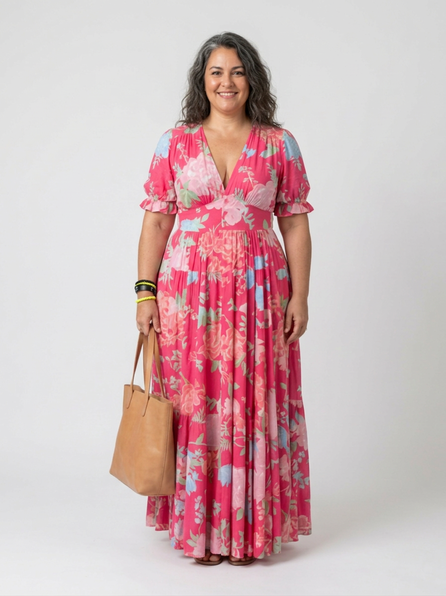 Ione | Short Sleeve V Neck Floral Midi Dress - Plus size model