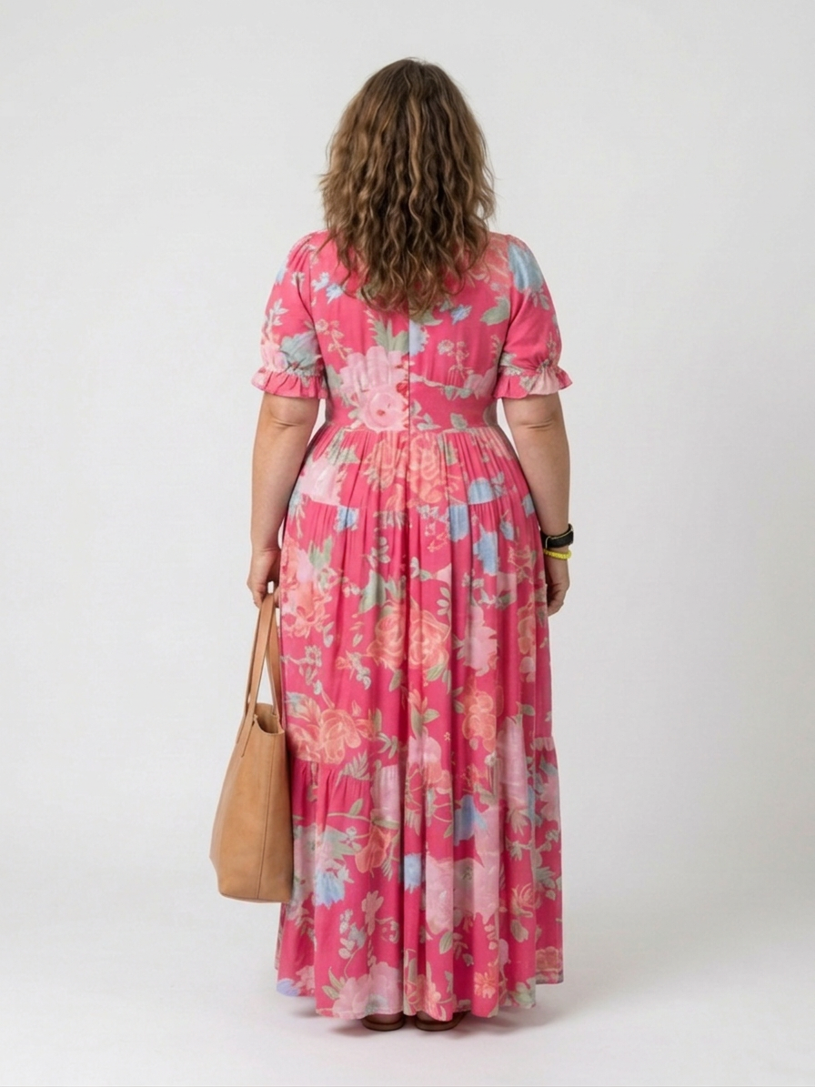 Ione | Short Sleeve V Neck Floral Midi Dress - Plus size model