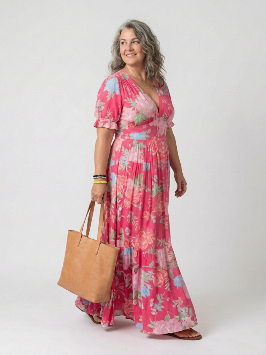 Ione | Short Sleeve V Neck Floral Midi Dress - Plus size model