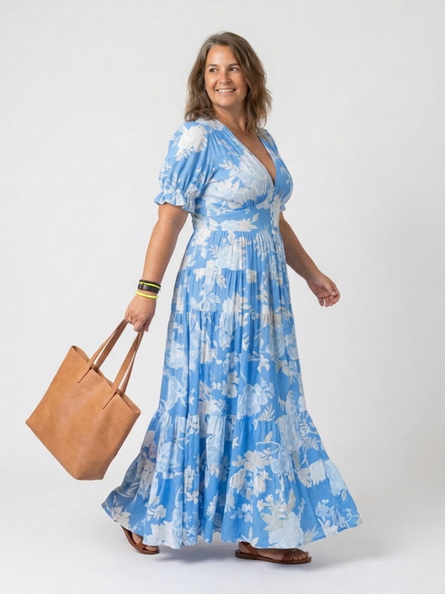Ione | Short Sleeve V Neck Floral Midi Dress - Plus size model