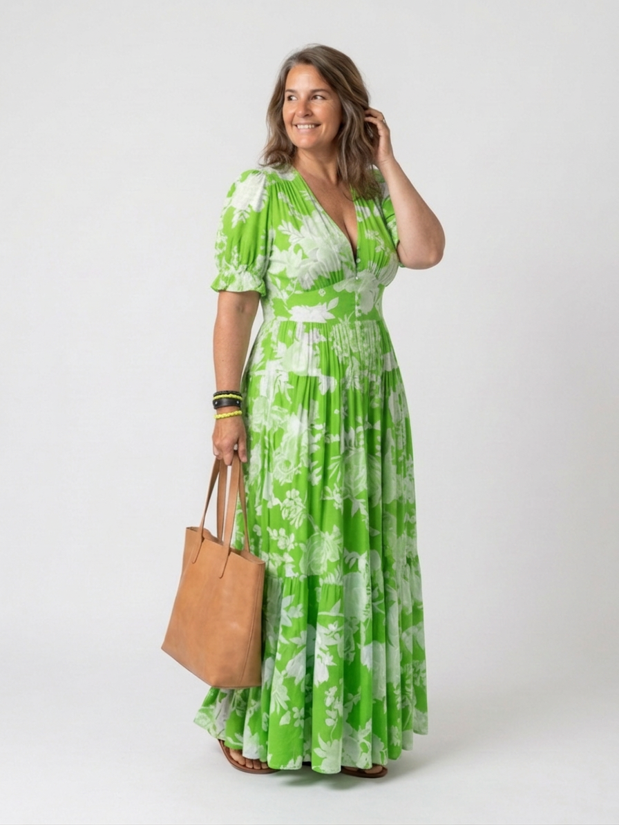 Ione | Short Sleeve V Neck Floral Midi Dress - Plus size model