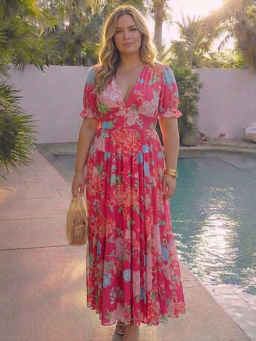 Ione | Short Sleeve V Neck Floral Midi Dress - Plus size model
