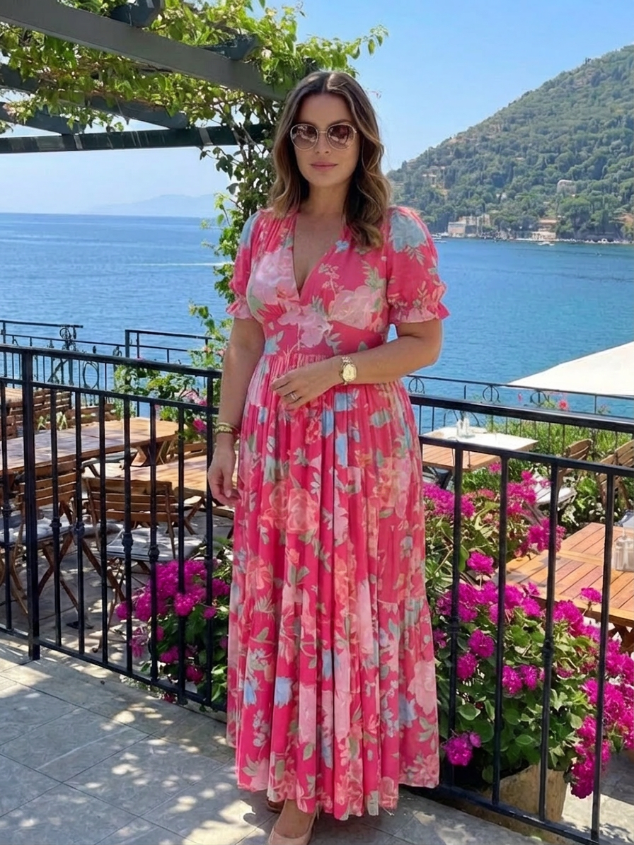 Ione | Short Sleeve V Neck Floral Midi Dress - Plus size model