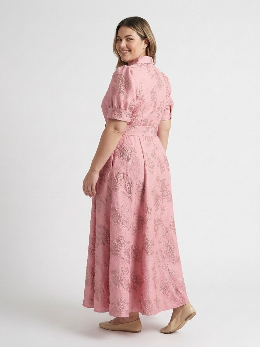 Xanthea | Short Sleeve Belted Floral Textured Maxi Shirt Dress - Plus size model