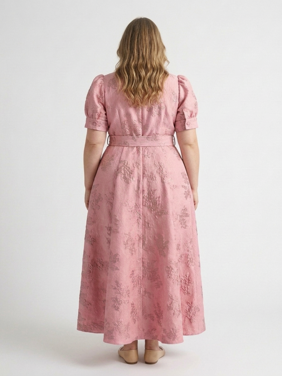 Xanthea | Short Sleeve Belted Floral Textured Maxi Shirt Dress - Plus size model