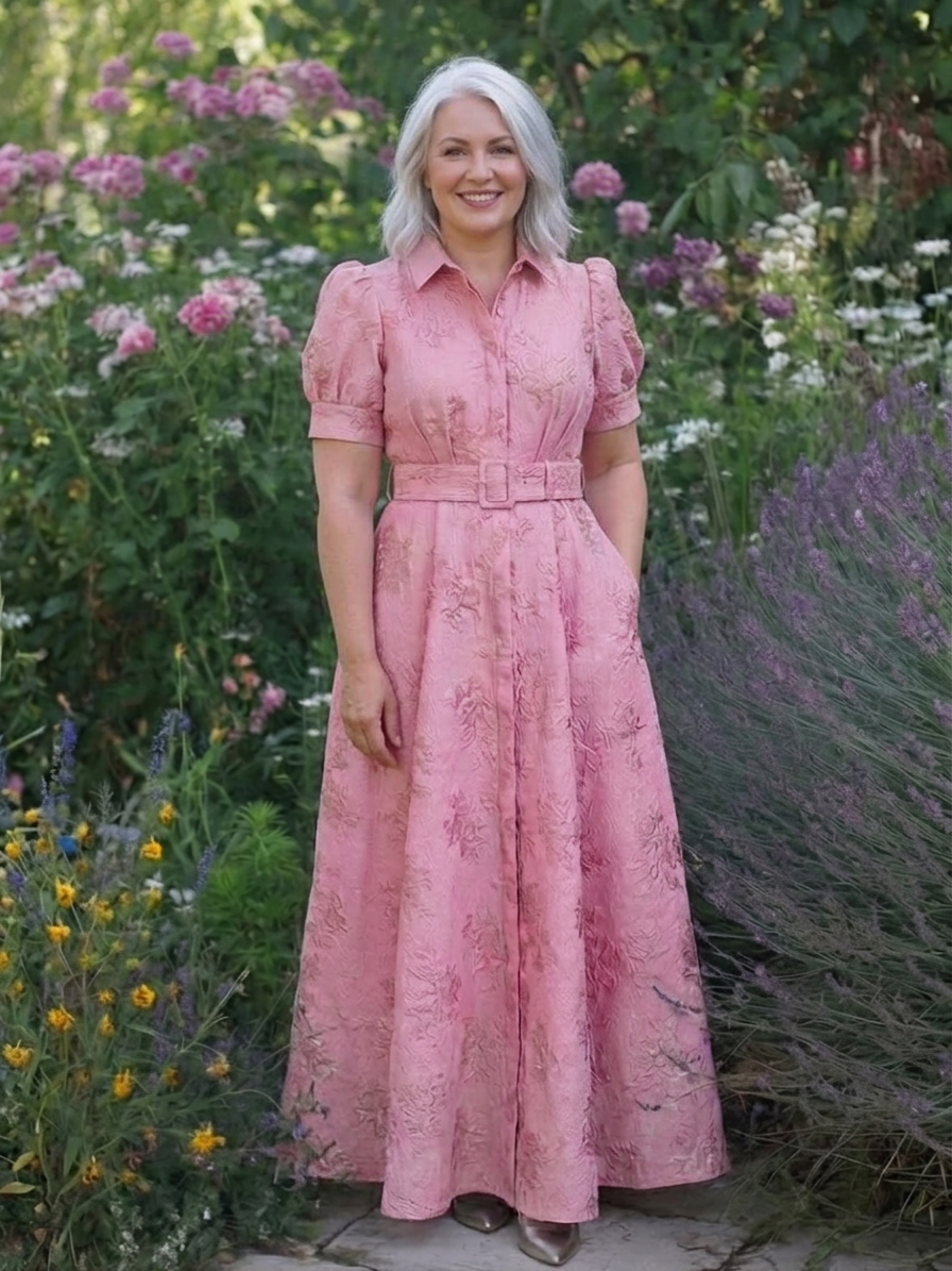 Xanthea | Short Sleeve Belted Floral Textured Maxi Shirt Dress - Plus size model