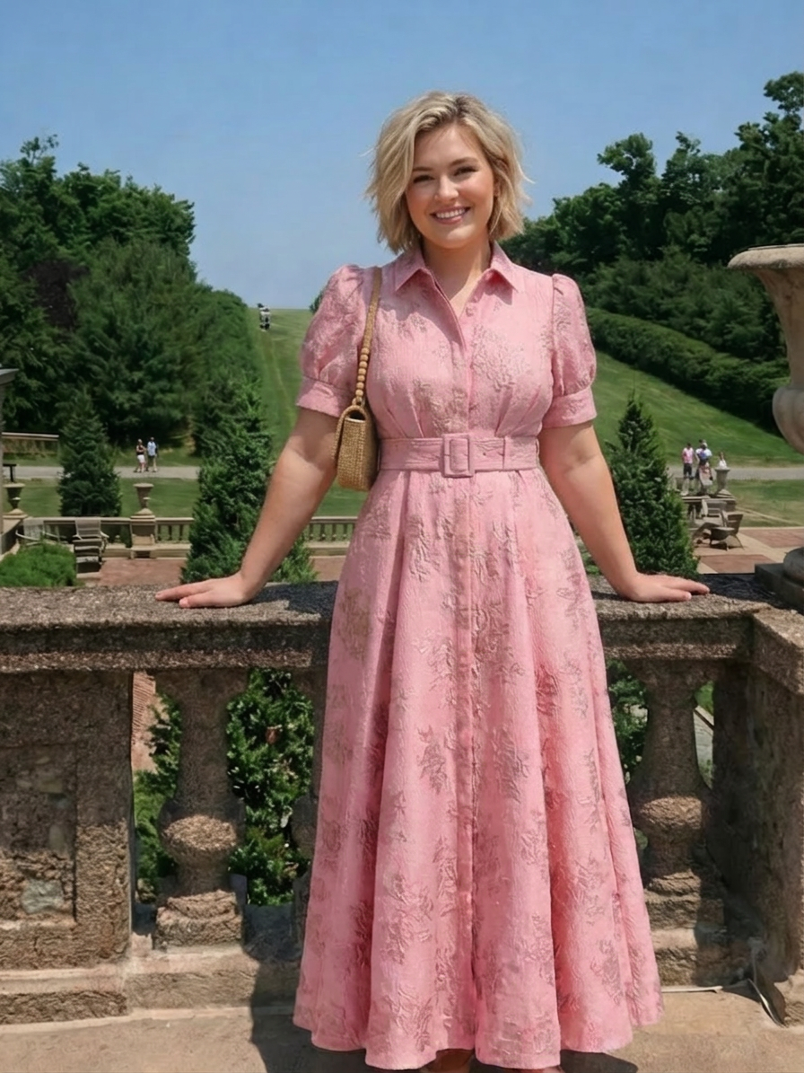 Xanthea | Short Sleeve Belted Floral Textured Maxi Shirt Dress - Plus size model