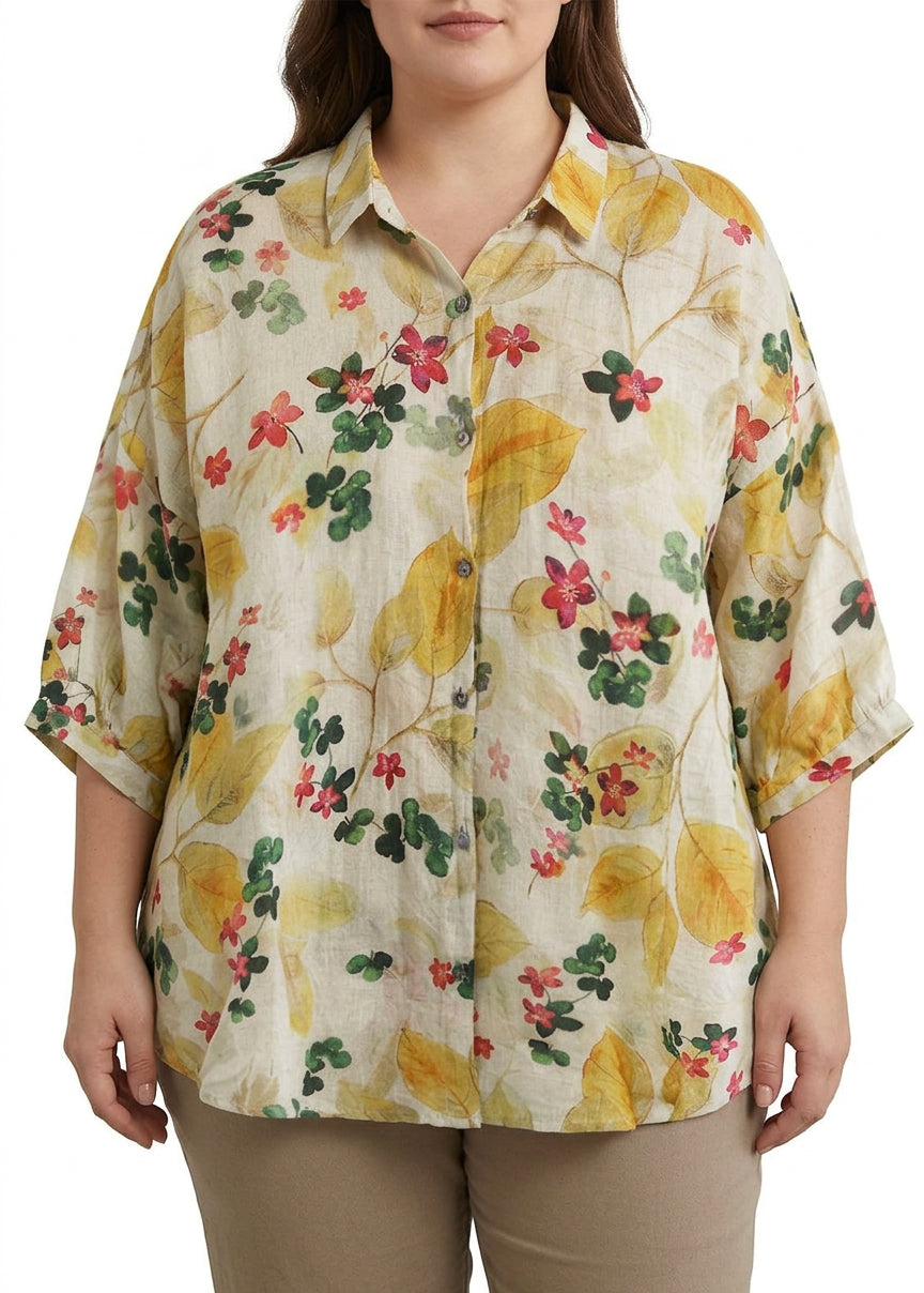 Evelyn - Elegant Print Peter Pan Collar Button Summer Linen Top Three Quarter Sleeve - Plus size model