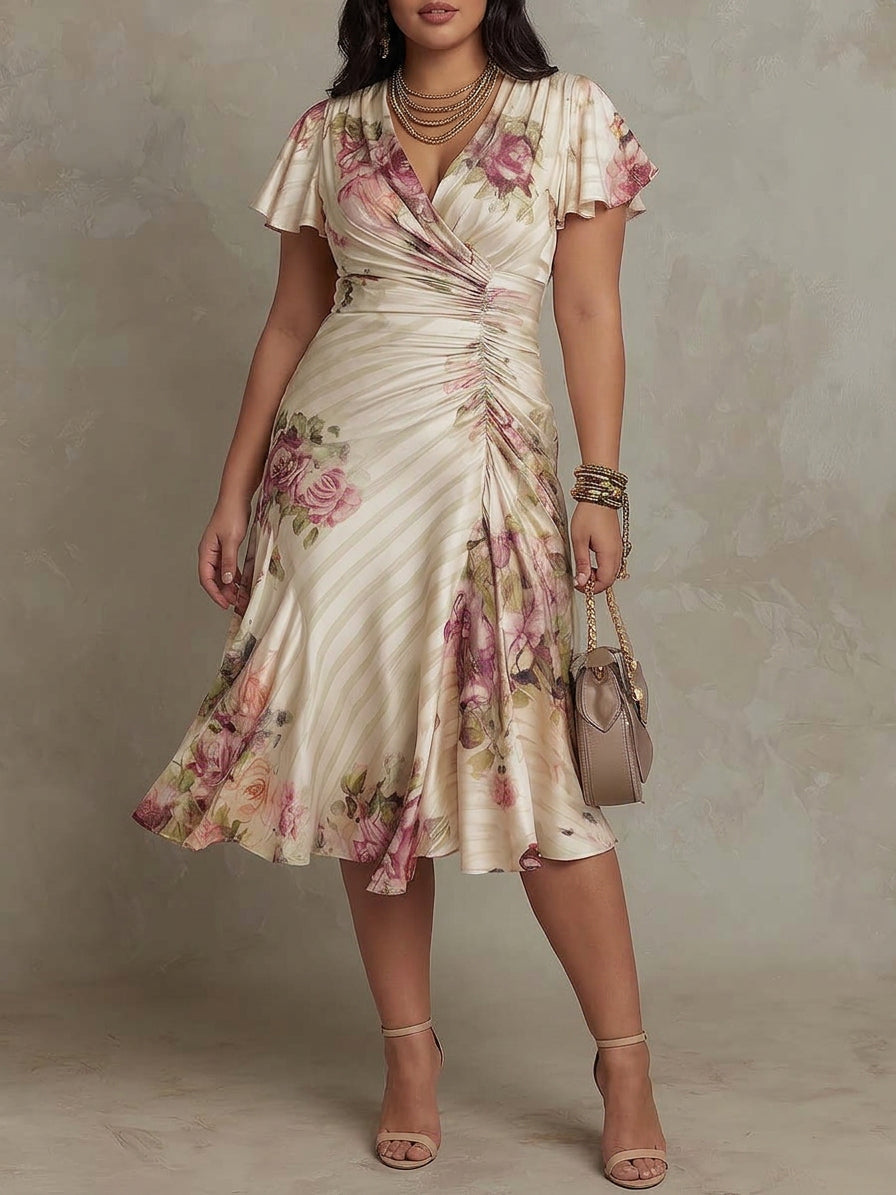 Margaret | Vintage Floral Satin Midi Dress - Plus size model