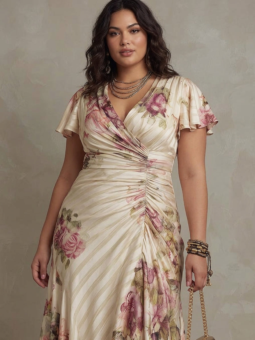 Margaret | Vintage Floral Satin Midi Dress - Plus size model