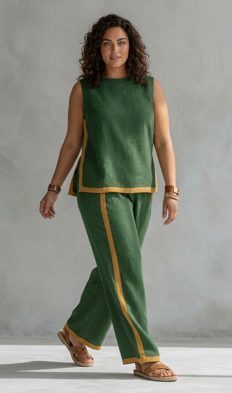 Ursula - Elegant and Casual Set of Vest and Pants with Bicolor Finishes - Plus size model
