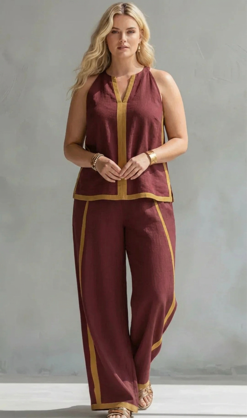 Ursula - Elegant and Casual Set of Vest and Pants with Bicolor Finishes - Plus size model