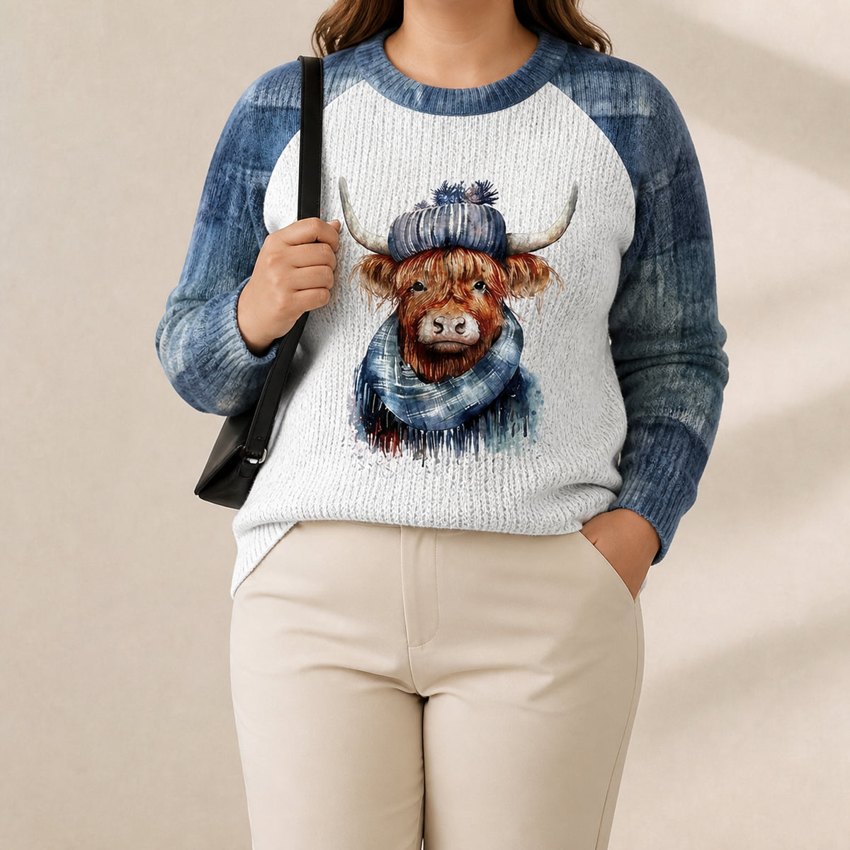 Cotton Sweater Blue & Cream with Highland Cow Pattern - Plus size model