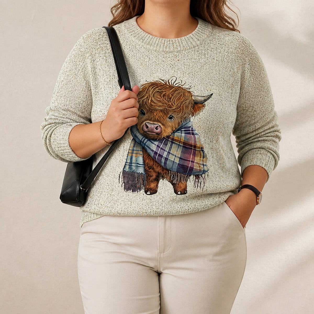 Cotton Sweater Cream with Highland Cow Pattern - Plus size model