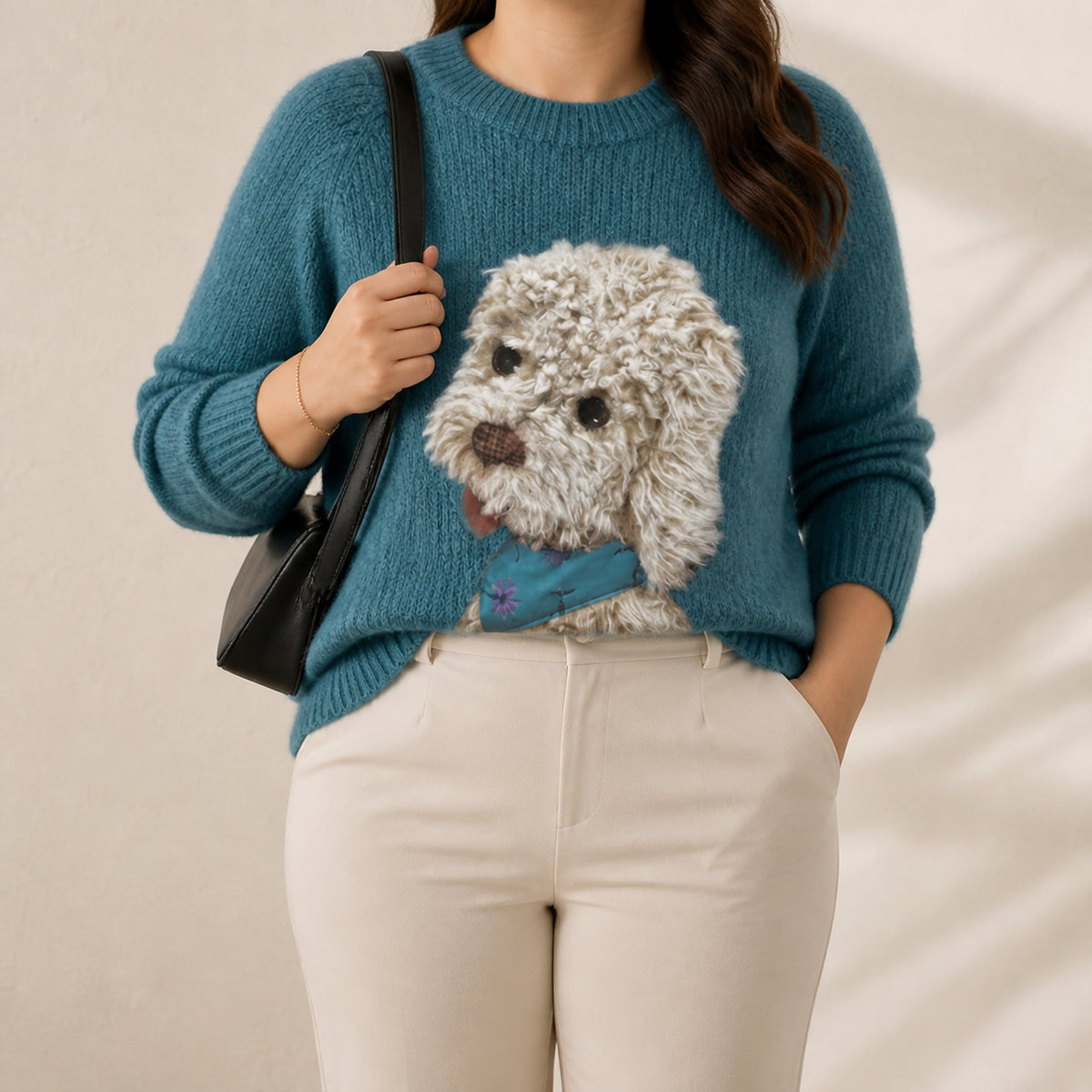 Cotton Sweater Teal with Poodle - Plus size model