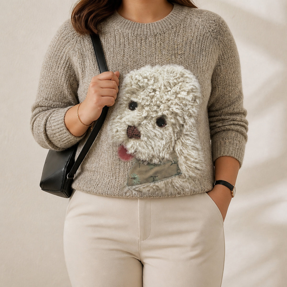 Cotton Sweater Cream with Poodle - Plus size model