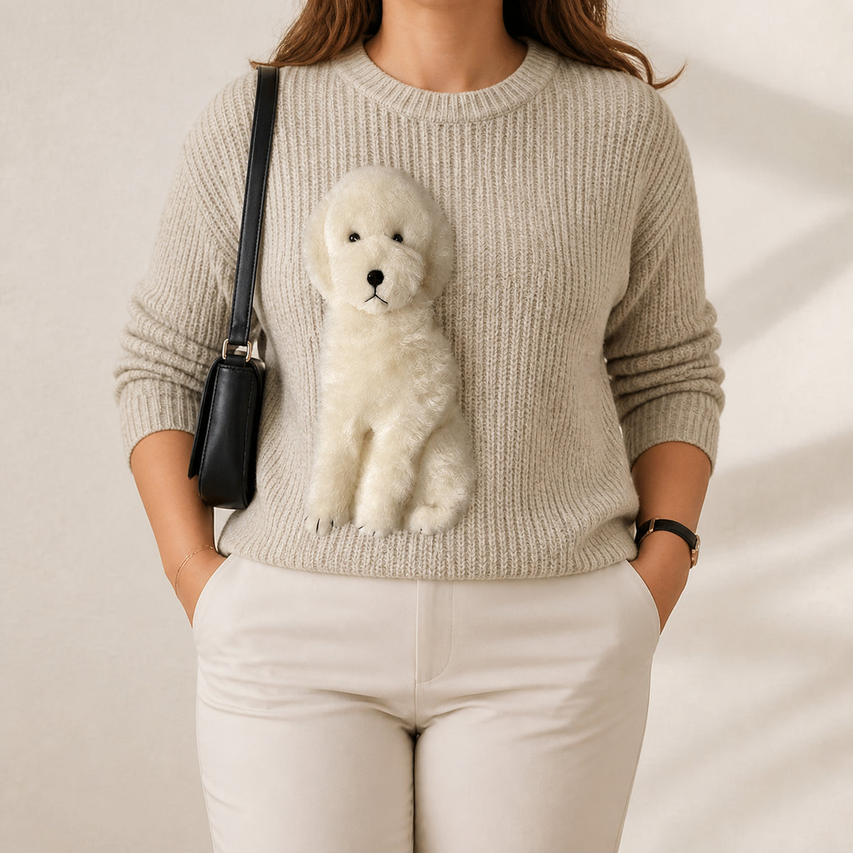 Cotton Sweater Cream with White Poodle - Plus size model