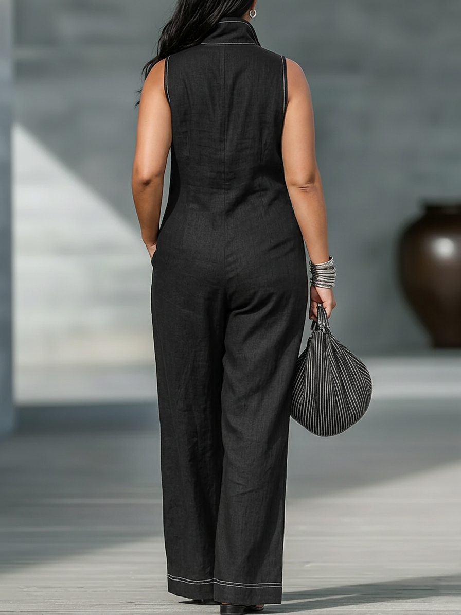 Women's Minimalist Sleeveless Jumpsuit with White Trim - Plus size model