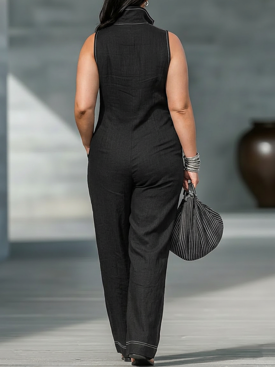 Megan - Minimalist White-Trim Jumpsuit - Plus size model