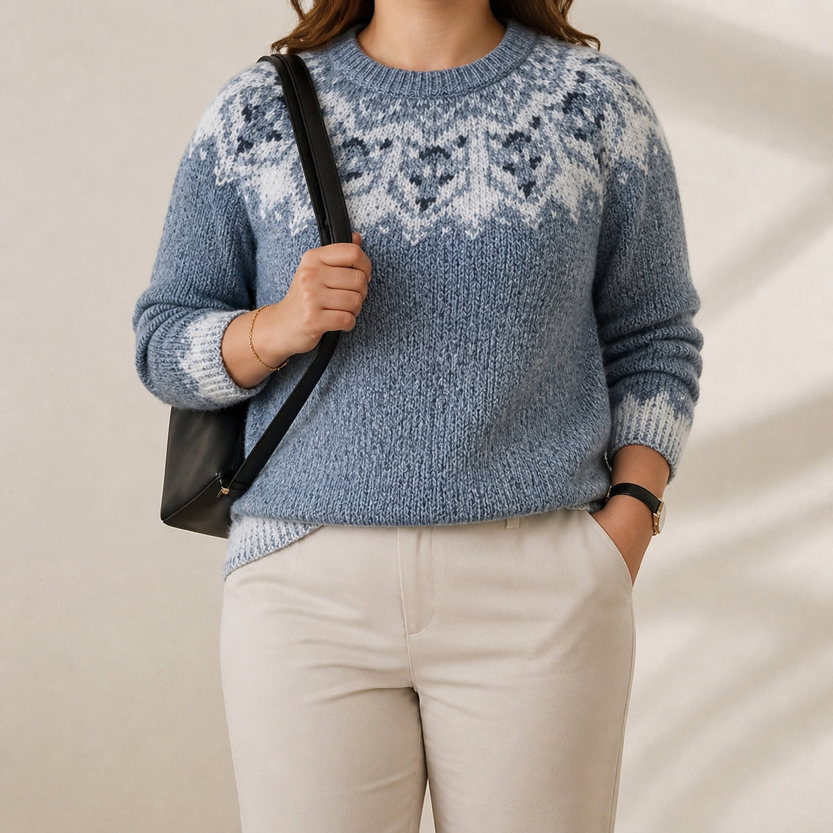 Cotton Sweater Blue with Wolf Pattern - Plus size model