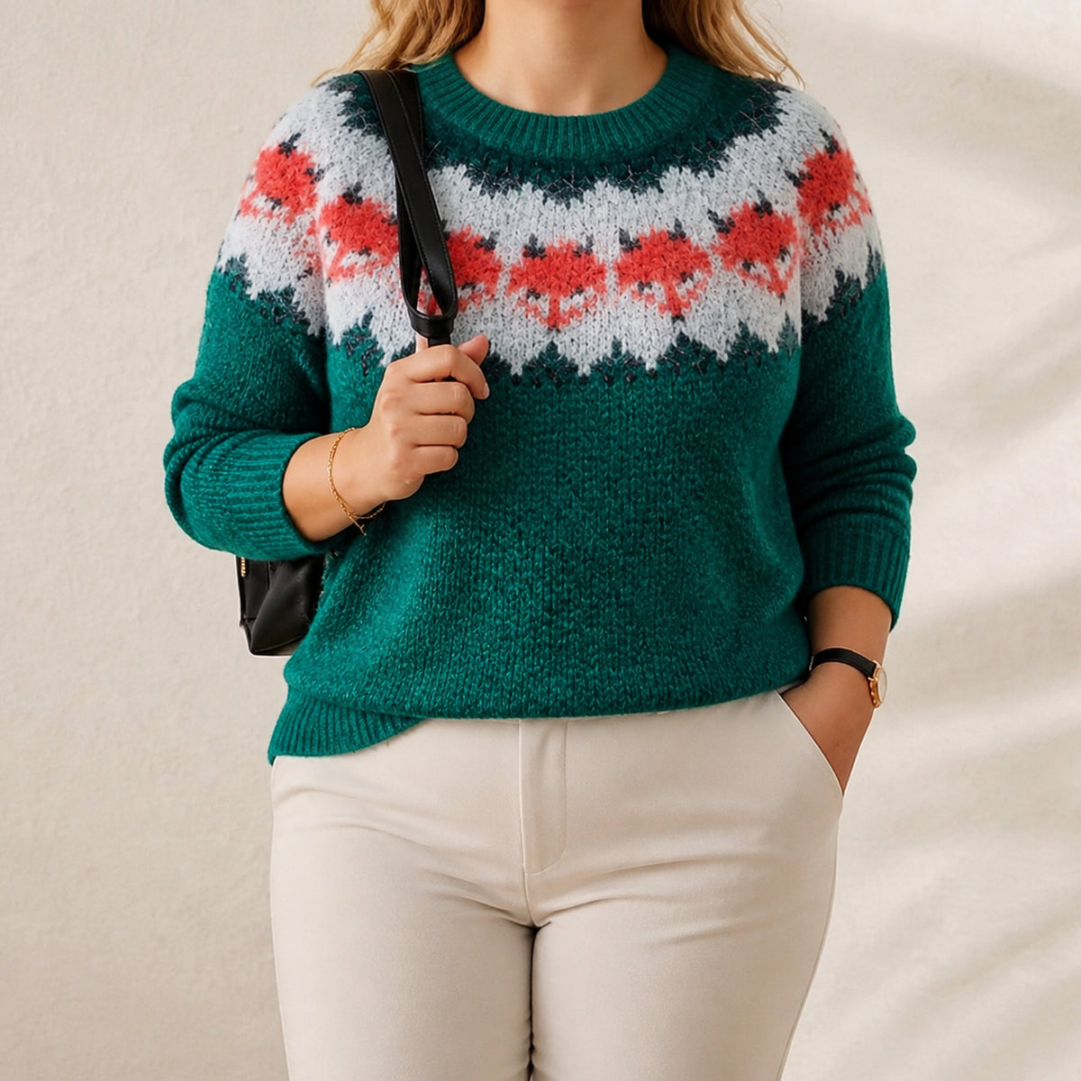 Cotton Mohair Sweater Teal with Fox Pattern - Plus size model