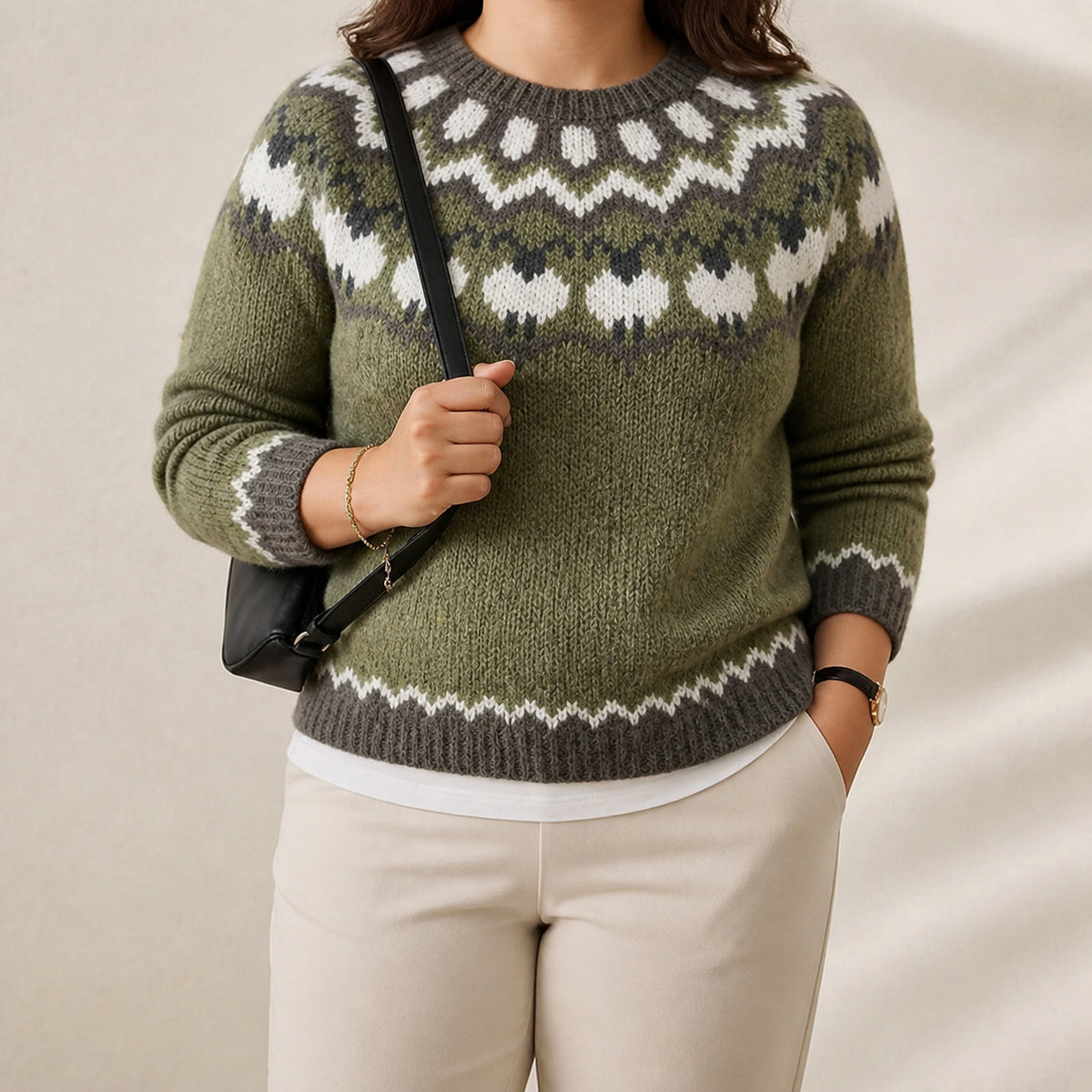 Cotton Sweater Olive with Sheep Pattern - Plus size model