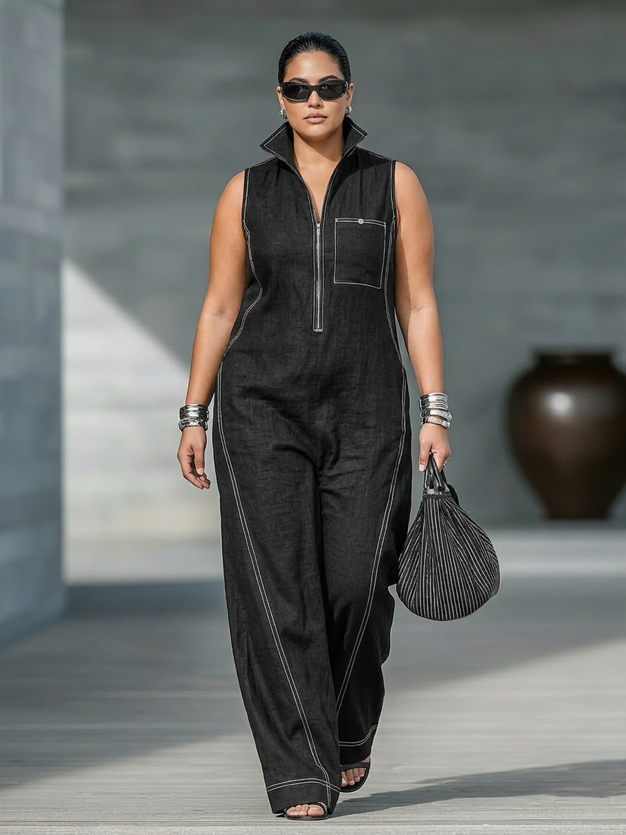 Women's Minimalist Sleeveless Jumpsuit with White Trim - Plus size model