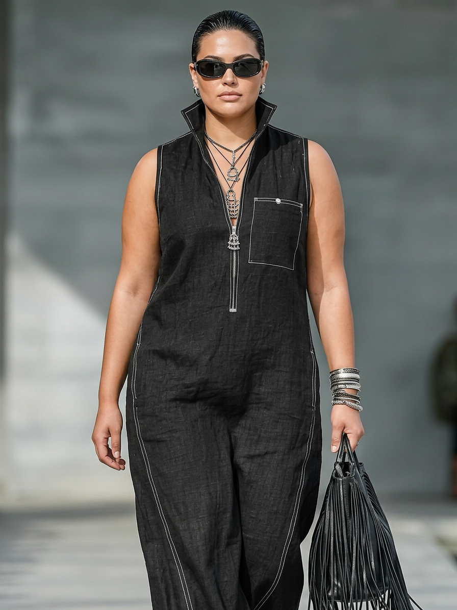 Women's Minimalist Sleeveless Jumpsuit with White Trim - Plus size model