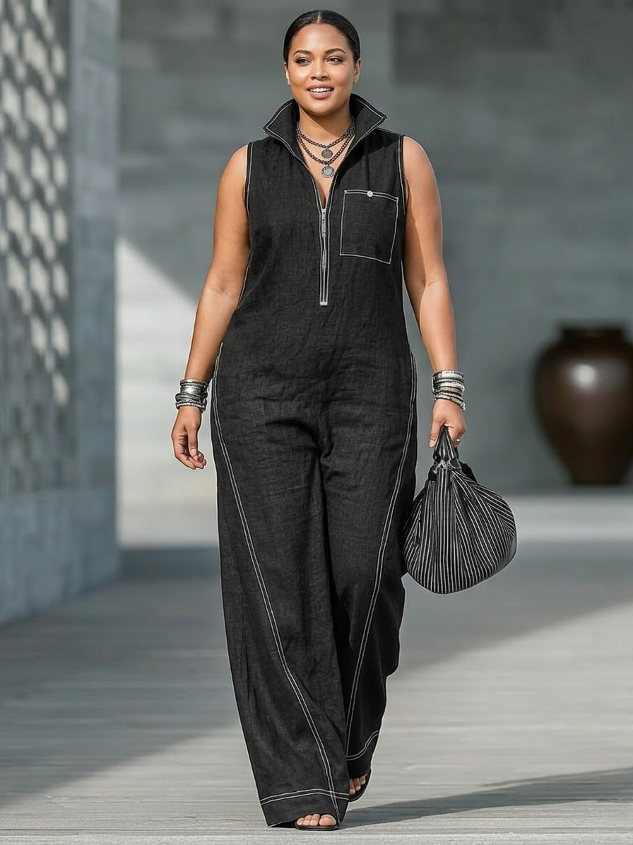 Women's Minimalist Sleeveless Jumpsuit with White Trim - Plus size model