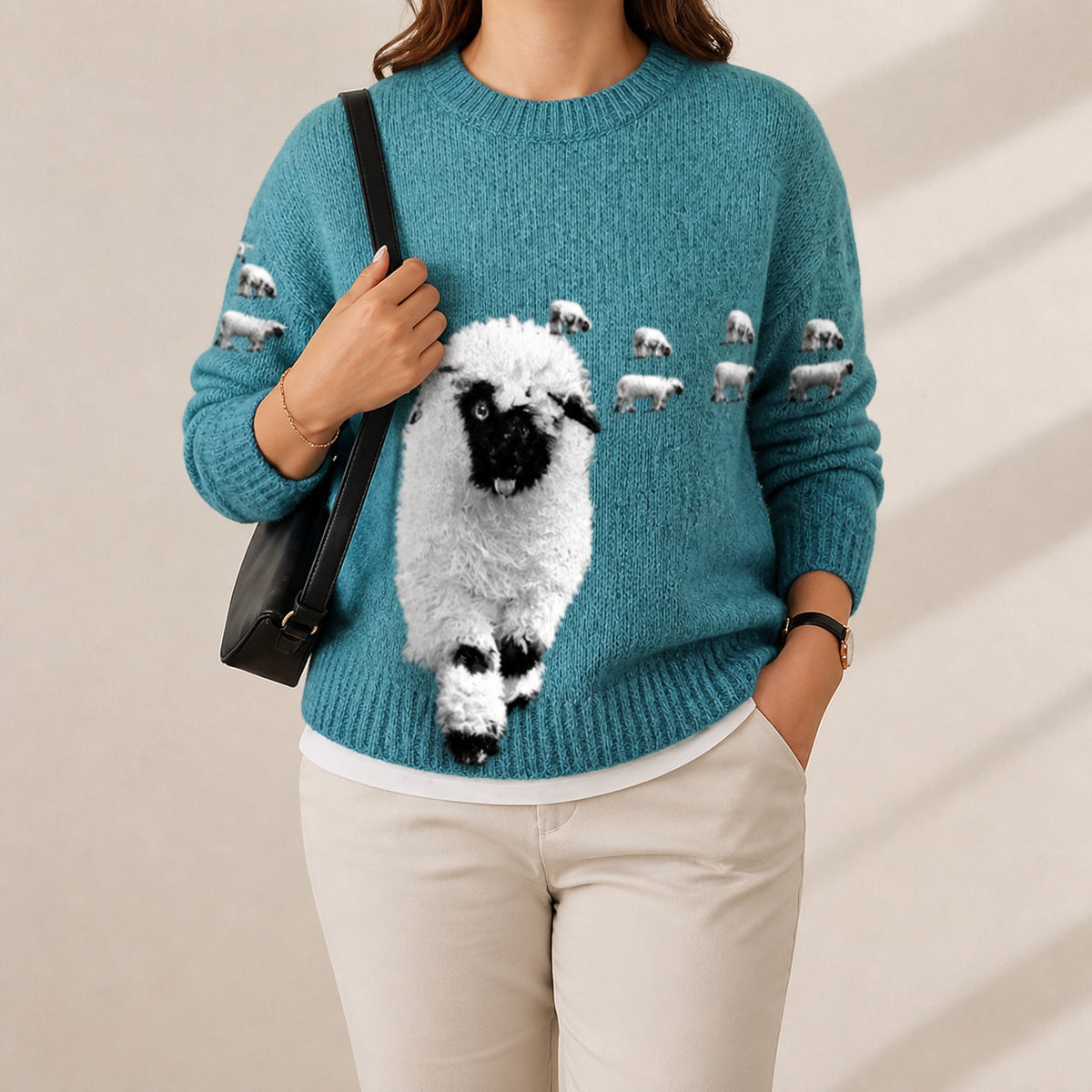 Cotton Sweater Teal with Sheep Pattern - Plus size model