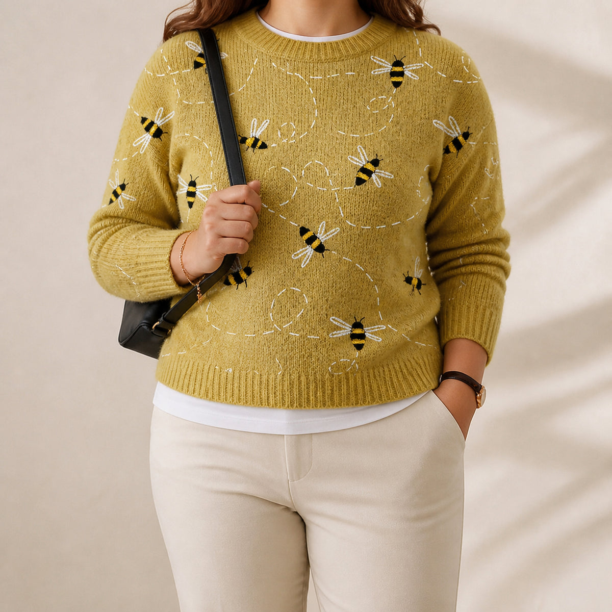 Cotton Sweater Mustard Yellow with Bee Pattern - Plus size model