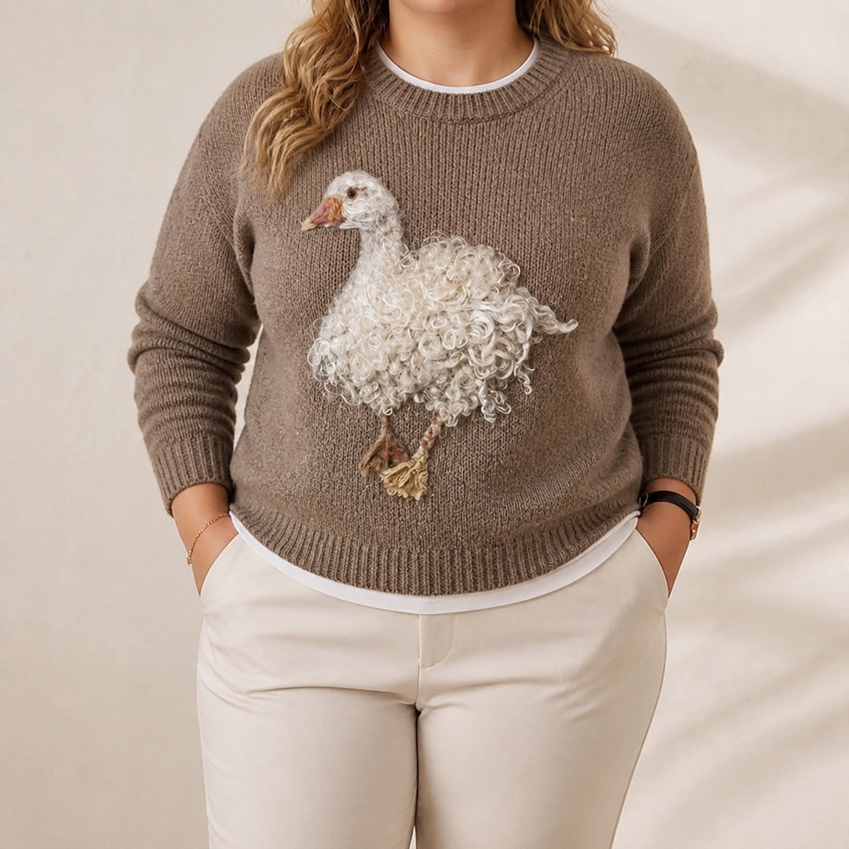 Cotton Sweater Brown with Goose - Plus size model