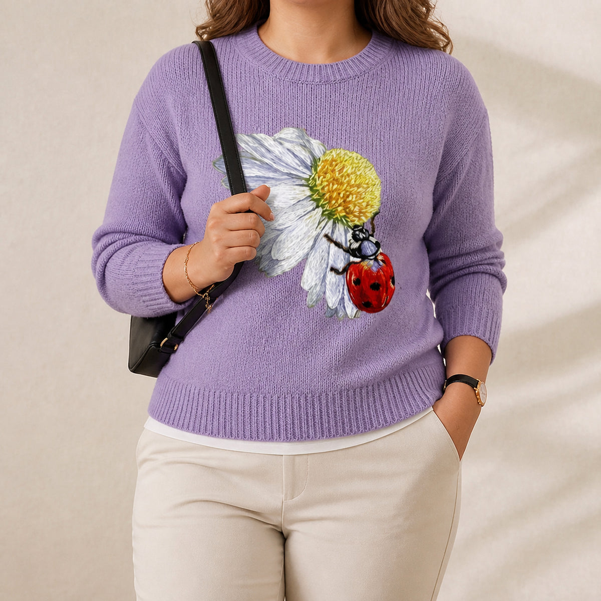 Cotton Sweater Purple with Daisy & Ladybug - Plus size model