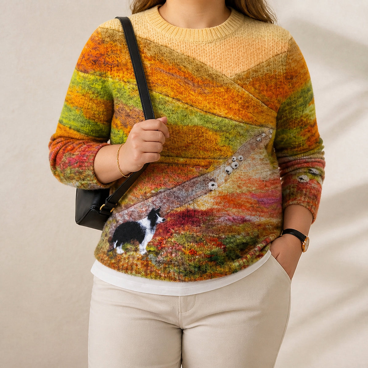 Cotton Sweater Multicolor Landscape with Dog and Sheep - Plus size model