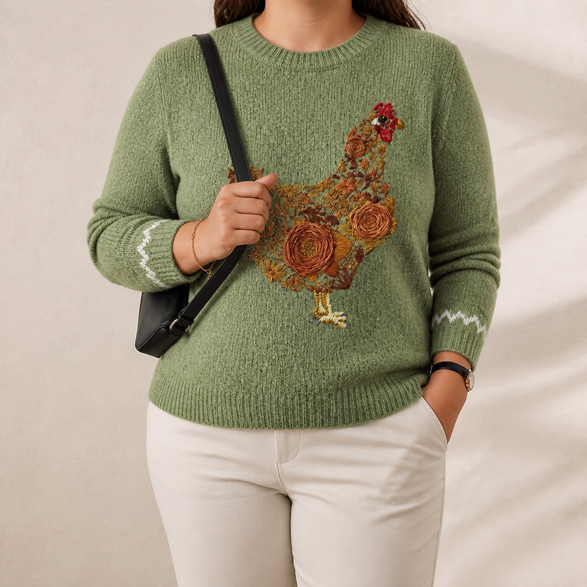 Cotton Sweater Green with Floral Patterned Hen - Plus size model