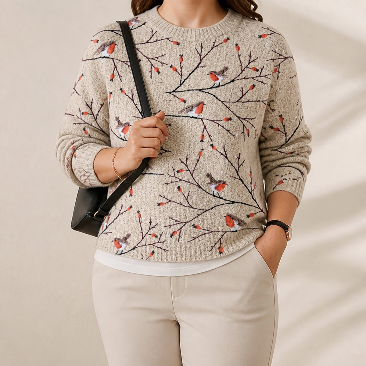 Cotton Sweater Cream with Robin & Branches Pattern - Plus size model