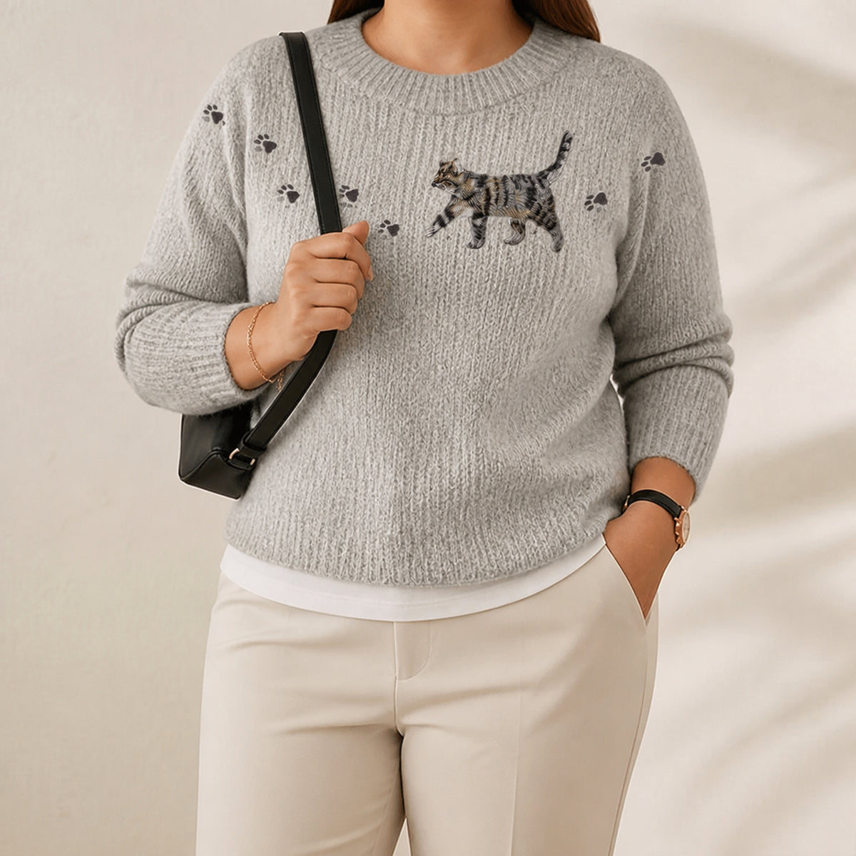 Cotton Sweater Gray with Kitten & Paw Prints - Plus size model