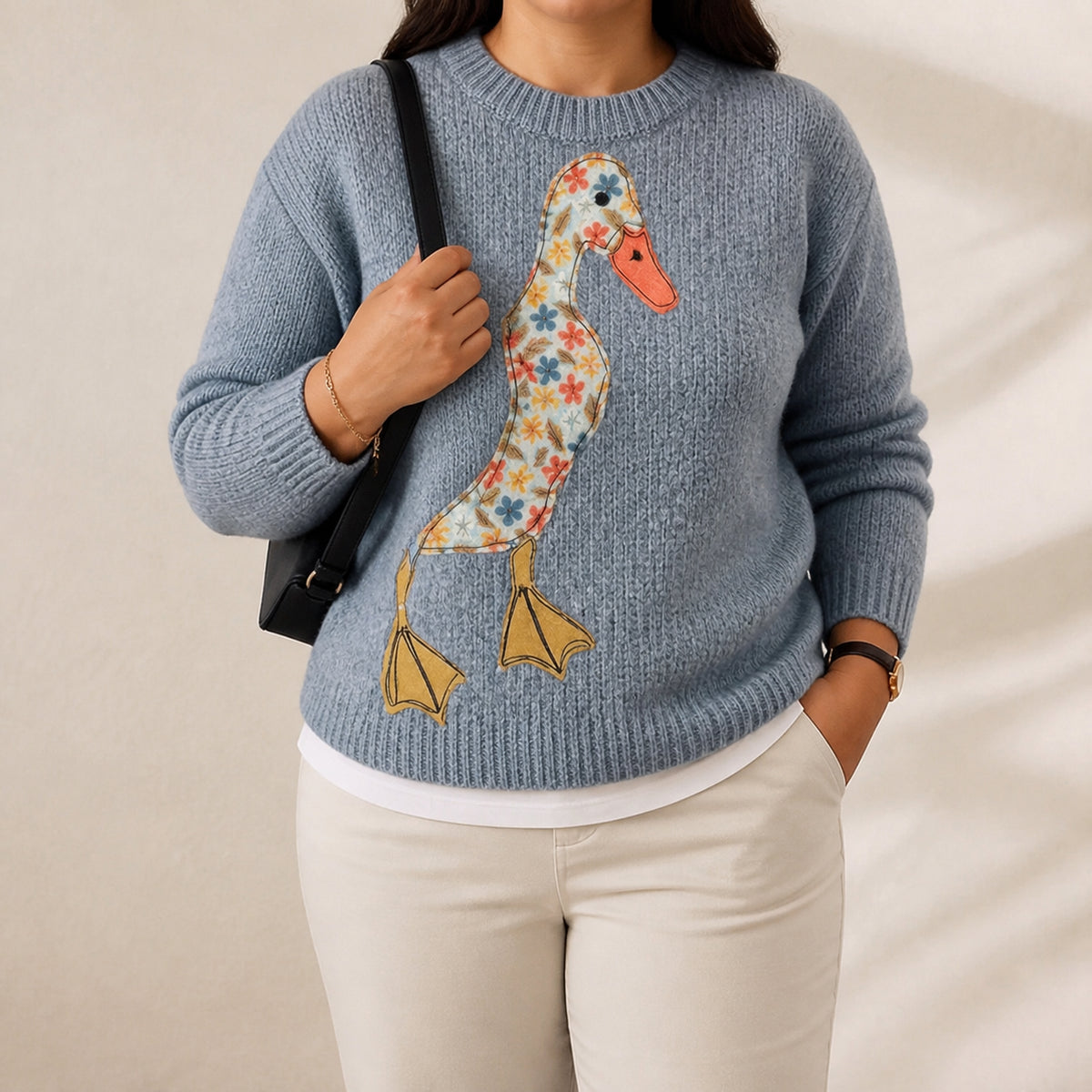 Duck with Floral Pattern Cotton Sweater - Plus size model