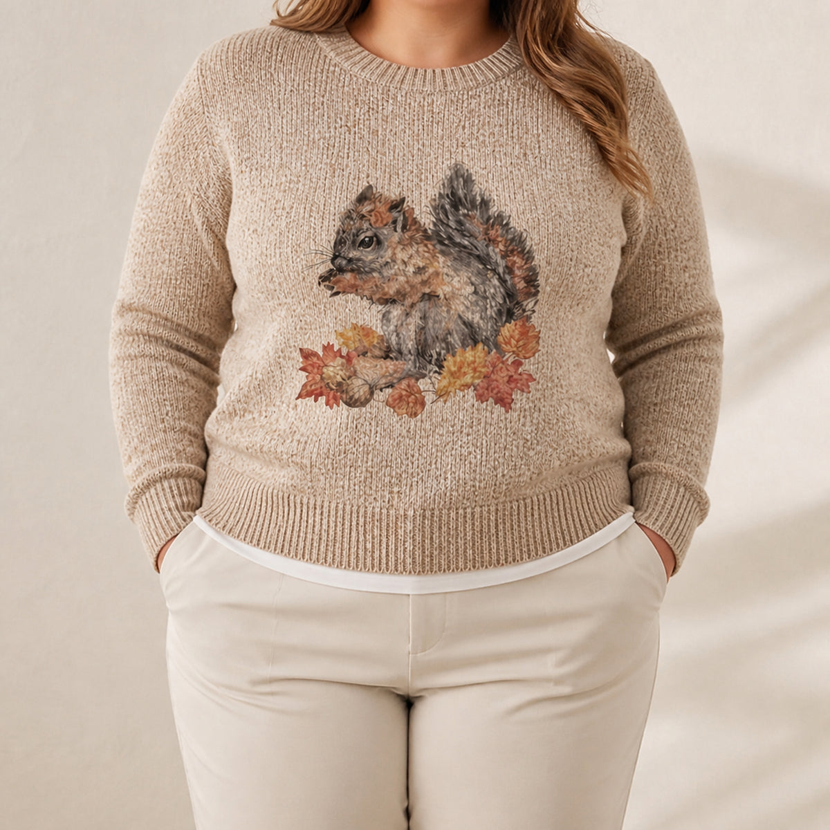 Cotton Sweater Cream with Squirrel & Autumn Leaves - Plus size model